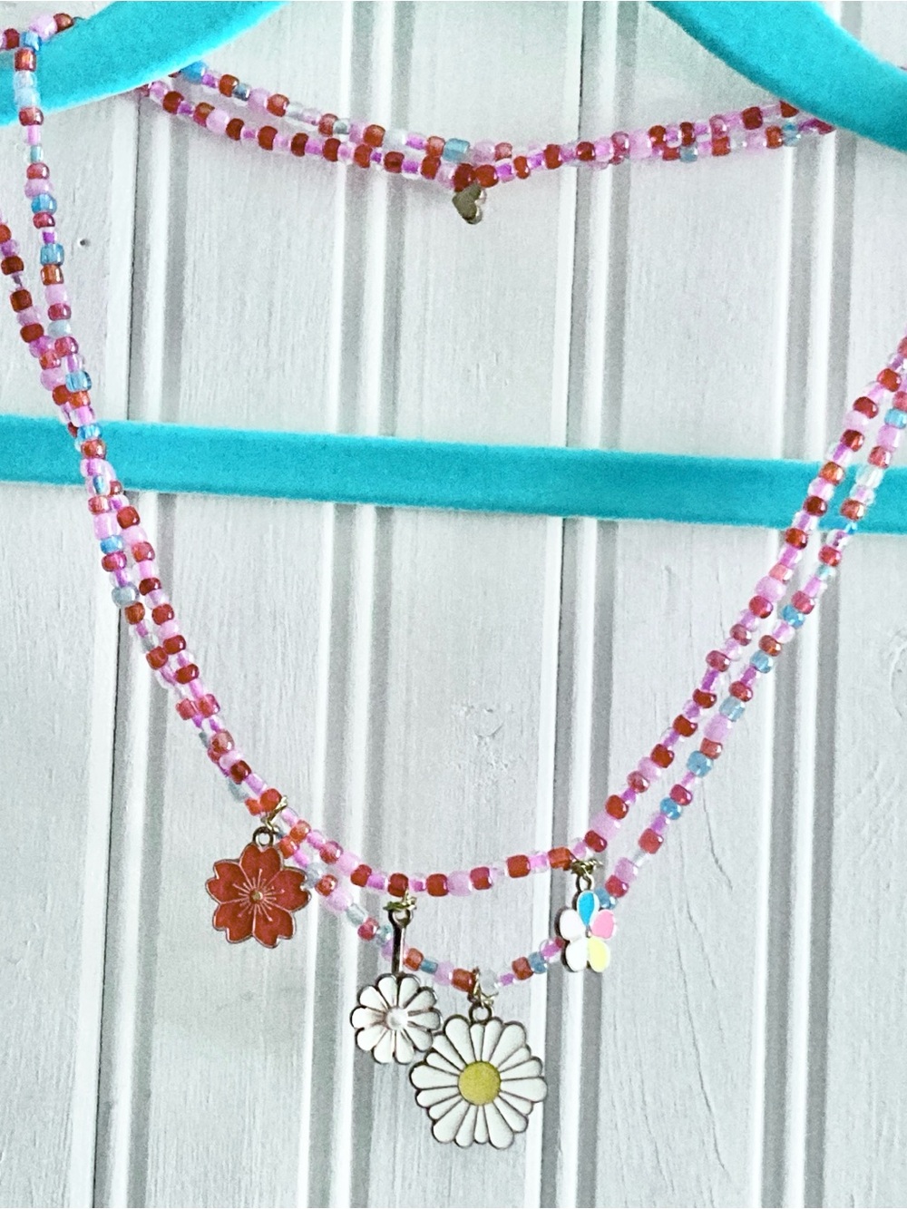 Beaded Daisy & Floral Charm Necklace - Pink (add to necklace stacks)